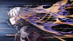  1girl black_jacket blue_eyes blue_hair floating_hair from_side gradient_hair highres ishida_tatsuki jacket long_hair motion_lines multicolored_hair orange_hair original shards sidelighting solo upper_body white_hair 