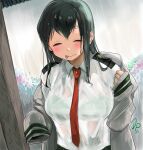  1girl :&gt; artist_name asui_tsuyu bangs blazer boku_no_hero_academia bra bra_visible_through_clothes bralines closed_eyes closed_mouth cloud cloudy_sky collared_shirt day green_hair highres jacket long_hair necktie outdoors qpqpqp117117 rain school_uniform see-through shirt shirt_tucked_in skirt sky solo standing tongue tongue_out u.a._school_uniform underwear upper_body wet wet_clothes wet_shirt white_shirt 