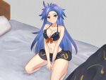  1girl arms_between_legs bikini black_bikini black_skirt blue_eyes blue_hair blush breasts cleavage closed_mouth collarbone commentary commentary_request curtained_hair frilled_bikini frills full_body grey_background highres himemushi_momoyo indoors kneeling large_breasts long_hair looking_at_viewer mikotouca navel on_bed pillow skirt solo swimsuit touhou variant_set 