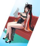  1girl absurdres black_dress black_hair breasts china_dress chinese_clothes cleavage commentary couch double_bun dress english_commentary goddess_of_victory:_nikke hair_bun high_heels highres holding holding_towel large_breasts long_hair looking_at_viewer md5_mismatch moran_(king_of_flowers)_(nikke) moran_(nikke) multicolored_hair official_alternate_costume on_couch red_eyes red_hair sitting solo soo3 streaked_hair towel two-tone_hair underboob very_long_hair 