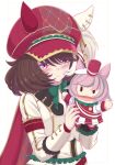  1girl absurdres animal_ears blush bow breasts brown_hair cape chanshiki closed_mouth commentary_request ear_covers ears_through_headwear hair_between_eyes hand_puppet hat highres horse_ears horse_girl jacket long_sleeves looking_at_viewer marche_lorraine_(racing)_(umamusume) marche_lorraine_(umamusume) mismatched_ear_covers puppet purple_eyes short_hair solo umamusume white_jacket 