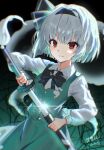  1girl artist_name black_bow black_bowtie black_hairband bow bowtie chinese_commentary closed_mouth collared_shirt commentary_request dated glint green_skirt green_vest grey_hair hairband highres hitodama holding holding_sword holding_weapon katana konpaku_youmu konpaku_youmu_(ghost) l0e9s29p long_sleeves looking_at_viewer red_eyes sheath shirt short_hair skirt skirt_set smile solo sword touhou unsheathing vest weapon white_shirt 