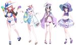  4girls 82jhin :q absurdres alternate_costume alternate_hairstyle aru_(blue_archive) bag bikini black_bikini black_hair black_horns black_shrug blue_archive blue_bikini blue_bow blue_hat blue_one-piece_swimsuit bow bracelet braid breasts bright_pupils cleavage demon_girl demon_horns demon_wings double_bun double_v dynamite earclip explosive eyewear_on_head flat_chest flower food food_on_face frilled_bikini frilled_one-piece_swimsuit frills full_body gradient_hair grey_hair grey_halo hair_between_eyes hair_bow hair_bun halo haruka_(blue_archive) hat hat_bow hat_flower heart heart-shaped_eyewear highres holding holding_ice_cream_cone holding_shaved_ice holding_spoon holding_swim_ring horns ice_cream_cone jewelry kayoko_(blue_archive) large_breasts large_hat long_hair low-braided_long_hair low-tied_long_hair low_horns low_twin_braids low_wings medium_hair multicolored_hair multiple_girls mutsuki_(blue_archive) navel one-piece_swimsuit open_clothes open_shirt orange_eyes orange_hair orange_halo outstretched_arms pinstripe_pattern pinstripe_shirt platform_sandals problem_solver_68_(blue_archive) purple-tinted_eyewear purple_bikini purple_bow purple_eyes purple_flower purple_hair purple_halo purple_shirt red_eyes red_halo sandals see-through_clothes see-through_shrug shirt shirt_on_shoulders shrug_(clothing) simple_background single_wing spoon standing stomach striped_clothes striped_shirt sun_hat sunglasses swim_ring swimsuit thigh_strap tinted_eyewear tongue tongue_out transparent_bag twin_braids twintails v vertical-striped_clothes vertical-striped_shirt white_background white_hair white_hat white_pupils wings 