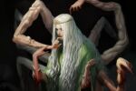  1boy black_background blood body_horror circlet closed_mouth commentary elden_ring english_commentary extra_arms finger_to_own_chin godrick_the_grafted gold_circlet green_tunic highres huyo_moyo lips long_hair tunic upper_body white_hair 