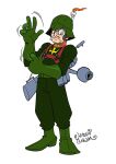  1boy acetylene_lamp ariga_hitoshi artist_name belt black_eyes black_hair boots candle candle_on_head clamp_(gundam) clamp_(gundam)_(cosplay) closed_mouth commentary_request cosplay facial_hair fire frown full_body gloves gloves_over_sleeves green_belt green_boots green_gloves green_helmet green_jacket green_pants gun gundam hands_up helmet high_collar jacket looking_at_viewer male_focus military military_uniform mobile_suit_gundam motion_lines mustache name_connection pants putting_on_gloves rifle short_hair sideburns simple_background solo standing tezuka's_star_system under-elbow_gloves weapon weapon_strap white_background zeon 