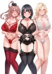  3girls absurdres beret black_bra black_garter_belt black_gloves black_hair black_panties black_thighhighs blonde_hair blue_hat blush bra breasts brown_hair commentary_request embroidered_bra garter_belt gloves grey_eyes hair_between_eyes hat highres hornet_(kancolle) huge_breasts kantai_collection long_hair looking_at_viewer miyako_(rgrayt) multiple_girls navel one_side_up panties red_bra red_eyes red_panties red_thighhighs saratoga_(kancolle) short_hair sidelocks smile smokestack_hair_ornament takao_(kancolle) thighhighs underwear underwear_only very_long_hair white_bra white_panties 