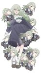  1girl absurdres bang_dream! bang_dream!_it's_mygo!!!!! blue_dress blue_ribbon brown_shoes character_doll choker commentary doll dress frilled_choker frills full_body green_hair highres logo long_hair mortis_(bang_dream!) mortis_(persona)_(bang_dream!) neck_ribbon open_mouth peke_(pekeiscat) ribbon shoes simple_background socks untranslatable_commentary wakaba_mutsumi wakaba_mutsumi_(doll) white_background white_socks yellow_eyes 