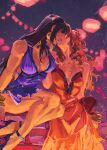  2girls aerith_gainsborough aerith_gainsborough_(red_dress) bare_legs black_hair bra bra_peek breasts brown_hair commentary crescent crescent_earrings daeyumi dress earrings english_commentary final_fantasy final_fantasy_vii final_fantasy_vii_remake highres jewelry kiss large_breasts medium_breasts multiple_girls official_alternate_costume purple_dress short_dress strapless strapless_dress thighs tifa_lockhart tifa_lockhart_(refined_dress) underwear yuri 