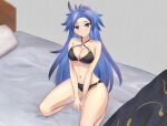  1girl arms_between_legs bikini black_bikini blue_eyes blue_hair blush breasts cleavage closed_mouth collarbone commentary commentary_request full_body grey_background highres himemushi_momoyo indoors kneeling large_breasts long_hair looking_at_viewer mikotouca navel on_bed pillow solo swimsuit touhou variant_set 