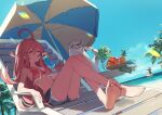  2girls :q ahoge armpits artist_name aubrey_(kyarairo) bare_arms bare_legs barefoot beach beach_umbrella bear bikini bikini_top_only blue_nails blue_shorts blue_sky breasts chair cherry cleavage closed_eyes cloud commentary crossed_ankles cup cutoffs day denim denim_shorts double-parted_bangs drinking drinking_glass drinking_straw drinking_straw_in_mouth dutch_angle fingernails fishing flower food frilled_bikini frills fruit full_body hair_between_eyes hat highres holding holding_cup holding_food holding_popsicle horizon hurricane_glass knees_up lens_flare long_hair lounge_chair mango multiple_girls nail_polish ocean on_chair on_innertube orange_(fruit) orange_slice original outdoors palm_tree pineapple pink_bikini pink_hair polar_bear popsicle purple_flower shorts sidelocks sitting sky small_breasts soles star-shaped_eyewear star_(symbol) stomach sunlight swim_ring swimsuit table toenail_polish toenails toes tongue tongue_out tree twitter_username umbrella vase very_long_hair witch_hat 