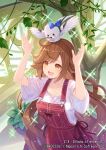  1girl ahoge animal_on_head arms_up bird bird_on_head breasts brown_eyes brown_hair cleavage commentary_request copyright_name copyright_notice dress from_above long_hair official_art on_head open_mouth pinafore_dress prism_(z/x) short_sleeves sleeveless sleeveless_dress sparkle tadokoro_teppei tree very_long_hair z/x 