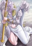  1girl absurdres armor blonde_hair clothing_cutout commentary_request elden_ring elden_ring_nightreign gameplay_mechanics halter_shirt halterneck highres hip_armor holding holding_polearm holding_weapon kneeling navel navel_cutout ornate_armor plunging_neckline polearm rope_braid sarong sleeping solo spoken_zzz thighs user_cnks3287 weapon weapon_bequeathed_harmonia_(elden_ring) white_sarong wide_hips zzz 