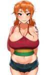  1girl arms_behind_back backpack bag breasts brown_eyes cleavage curvy denim denim_shorts eyebrows eyebrows_visible_through_hair highres kevbot large_breasts looking_at_viewer midriff multicolored_clothes multicolored_shirt nami_(one_piece) one_piece orange_hair pink_bag shorts shoulder_tattoo smile solo tattoo 