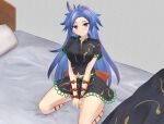  1girl arms_between_legs black_shirt black_skirt blue_eyes blue_hair blush breasts closed_mouth collarbone commentary_request full_body grey_background highres himemushi_momoyo indoors kneeling large_breasts long_hair looking_at_viewer mikotouca navel on_bed pillow shirt short_sleeves skirt solo touhou variant_set 