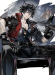  1boy animal_ear_fluff animal_ears arknights arknights:_endfield black_hair black_pants brown_gloves bulge bullet closed_mouth coat commentary cropped_legs dog_tags dual_wielding extra_ears gloves gun handgun highres holding holding_gun holding_weapon looking_at_viewer male_focus orange_eyes pants pectorals red_coat scar scar_on_arm short_hair sitting solo spread_legs tail weapon wolf_boy wolf_ears wolf_tail wulfgard_(arknights) zhangjianguo 