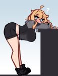  1girl ? ahoge bent blonde_hair blue_eyes blush bow breasts commentary english_commentary full_body hair_bow heart highres hood hood_down hoodie indie_virtual_youtuber large_breasts limebreaker long_sleeves looking_at_viewer shorts solo virtual_youtuber whiskey_project zipper_pull_tab 