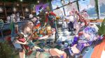  2boys 6+girls absurdres akoe_(akoe_1) alternate_costume animal_ears apron aqua_dress arm_behind_head arm_up ashveil_(honkai:_star_rail) bar_stool black_apron black_boots black_hair black_hat black_jacket black_shirt black_shorts black_skirt blade_(honkai:_star_rail) blue_hair boots bottle bow breasts bubbles_(honkai:_star_rail) burger cake cake_cat_(honkai:_star_rail) camera cellphone chair checkered_floor chef_hat chimera_(honkai:_star_rail) cocktail_glass cocktail_shaker collared_shirt commentary_request complainer_(honkai:_star_rail) confetti cropped_shirt crossed_legs cup dress drill_hair drinking_glass evanescia_(honkai:_star_rail) eyewear_on_head food fox_ears fox_girl glasses gradient_hair grey_eyes grey_hair gun hair_between_eyes hair_bow hair_ornament hand_in_own_hair handgun handheld_game_console hanging_light hat highres holding holding_cocktail_shaker holding_cup holding_food holding_gun holding_handheld_game_console holding_phone holding_plate holding_tray holding_weapon honkai:_star_rail honkai_(series) indoors jacket long_hair looking_at_another looking_at_viewer mark_under_both_eyes medium_breasts midriff mini_hat mini_top_hat multicolored_hair multiple_boys multiple_girls navel necktie nihilux_(honkai:_star_rail) official_alternate_costume omelet omurice on_chair on_stool open_mouth orange_eyes parted_lips phone pink_eyes pink_hair plate playing_games playing_video_games pom-pom_(honkai:_star_rail) pouring purple-tinted_eyewear purple_necktie red_bow red_dress red_shirt restaurant shirt short_hair_with_long_locks short_shorts shorts silver_wolf_(honkai:_star_rail) silver_wolf_(lv.999)_(honkai:_star_rail) sitting skirt sleeveless sleeveless_dress smartphone smile sparkle_(honkai:_star_rail) sparxie_(honkai:_star_rail) spray_bottle standing stelle_(honkai:_star_rail) stool table thigh_strap tinted_eyewear tongue tongue_out top_hat trailblazer_(honkai:_star_rail) tray twintails very_long_hair waiter weapon white_apron white_jacket wide_sleeves window wine_bottle yao_guang_(honkai:_star_rail) yellow_eyes yellow_necktie 