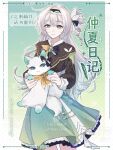  1girl alternate_hairstyle animal animalization aqua_background aqua_hair aqua_skirt black_hairband black_jacket blue_necktie bo_en_hai cat closed_mouth cowboy_shot firefly_(honkai:_star_rail) firefly_(little_cat)_(honkai:_star_rail) gradient_hair grey_hair hair_between_eyes hair_ornament hairband highres holding holding_animal holding_cat honkai:_star_rail honkai_(series) jacket light_smile long_hair long_sleeves looking_at_viewer multicolored_hair multicolored_hairband neckerchief necktie official_alternate_costume one_side_up orange_neckerchief person_and_animalization purple_eyes single_drill skirt solo translation_request two-tone_hairband watermark white_hairband 