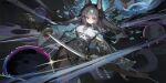  1girl animal_ears black_hair black_necktie black_pantyhose black_skirt braid breasts chinese_commentary closed_mouth commentary_request drawing_sword fox_ears fox_girl gauntlets half_up_braid high-waist_skirt highres holding holding_sword holding_weapon hollow_(zenless_zone_zero) hoshimi_miyabi id_card katana long_hair looking_at_viewer medium_breasts mk364 necktie orange_eyes pantyhose partial_commentary shirt single_gauntlet skirt solo sword weapon white_shirt zenless_zone_zero 