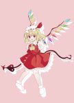  1girl absurdres arms_behind_back ascot blonde_hair collared_shirt commentary_request crystal crystal_wings derivative_work eatgyuuhi embodiment_of_scarlet_devil flandre_scarlet frilled_shirt_collar frilled_skirt frills full_body hat hat_ribbon highres holding holding_weapon laevatein_(touhou) looking_at_viewer mob_cap multicolored_wings official_art_redraw one_side_up open_mouth pink_background puffy_short_sleeves puffy_sleeves red_eyes red_skirt red_vest ribbon shirt short_sleeves skirt skirt_set smile socks solo sprite_redraw touhou vest weapon white_hat white_shirt white_socks wings yellow_ascot zun_pose 