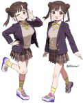  1girl :d blunt_bangs breasts brown_eyes brown_hair brown_skirt brown_sweater closed_mouth collared_shirt colored_shoe_soles dot_nose double_bun full_body furrowed_brow hair_behind_ear hair_bun hand_on_own_hip highres idolmaster idolmaster_shiny_colors jacket knees lapels large_breasts light_blush long_hair looking_at_viewer multicolored_shoes multiple_views one_eye_closed open_mouth plaid_clothes plaid_skirt pleated_skirt purple_jacket ribbon school_uniform shirt shisoneri sidelocks simple_background skirt smile socks sonoda_chiyoko standing suit_jacket sweater tongue tongue_out twintails twitter_username two-tone_socks walking white_background white_shirt yellow_ribbon 