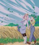  2girls ^_^ blue_dress blue_pants boots brown_shoes closed_eyes dress earrings giganticbuddha ginkgo_leaf green_eyes green_hair hatsuseno_alpha highres holding_hands jacket jewelry leaf multiple_girls open_mouth outdoors pants ponytail shoes short_hair slice_of_life smile takatsu_kokone white_boots white_jacket wind yokohama_kaidashi_kikou 