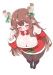  1girl absurdres animal_ears antlers blush breasts brown_hair cleavage closed_eyes commentary_request deer_antlers deer_ears deer_girl diana_(trickcal) dress highres horns humanization large_breasts long_hair monerua santa_costume santa_dress solo trickcal 
