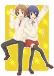  1boy 1girl :3 :d ahoge arm_up artist_name ben-day_dots black_pants black_thighhighs blue_eyes blue_hair border brown_hair brown_shoes buttons character_name clenched_hand dated dotted_background double-breasted full_body grey_eyes hair_between_eyes hand_up invisible_floor kisaragi_julia lapels light_blush loafers long_sleeves looking_at_viewer makoto_(minami-ke) minami-ke minami_touma miniskirt necktie notched_lapels open_mouth outline pants parted_bangs pleated_skirt pose_request red_necktie red_skirt rounded_corners school_uniform screentones shoes short_hair sidelocks skirt smile standing standing_on_one_leg thighhighs w white_border white_outline yellow_background zettai_ryouiki 