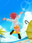  1girl agent_8_(splatoon) arms_up artist_name ass beach bikini blue_sky boots butt_crack cloud commentary day english_commentary from_behind full_body highres jumping lens_flare long_sleeves ocean octoling outdoors outstretched_arms palm_tree red_hair see-through_clothes see-through_shirt shirt short_hair signature sky solo splatoon_(series) splatoon_2 splatoon_2:_octo_expansion string_bikini suction_cups swimsuit tanukichikushin tentacle_hair tree umbrella water yellow_bikini yellow_boots 
