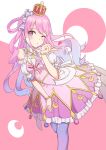  1girl blush bracelet breasts commentary_request crescent crescent_earrings crown dress earrings gold_bracelet heart highres himemori_luna himemori_luna_(1st_costume) hololive jewelry kiukoma long_hair mini_crown one_eye_closed pink_background pink_dress solo star_(symbol) star_print two-tone_background virtual_youtuber white_background 