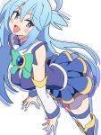  1girl aqua_(konosuba) blue_eyes blue_hair blue_shirt blue_skirt blush blush_stickers boots breasts commentary_request detached_sleeves highres kono_subarashii_sekai_ni_shukufuku_wo! large_breasts long_hair looking_at_viewer noyama_takenoko open_mouth shirt simple_background skirt smile solo thighhighs white_background white_sleeves white_thighhighs 