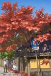 1boy 1girl absurdres architecture autumn autumn_leaves blue_sky bulletin_board commentary day east_asian_architecture falling_leaves fence highres house leaf makaino_ririmu makaino_ririmu_(1st_costume) maple_leaf nijisanji road_sign sign sky tree untranslatable_commentary uzuki_kou uzuki_kou_(1st_costume) virtual_youtuber wooden_fence yama_naosuke 