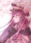  039nagyo 1girl ascot black_cape black_hat blurry bun_cover cape cherry_blossoms closed_mouth commentary_request dappled_sunlight day depth_of_field falling_petals floating_hair hair_between_eyes hair_bun hat heaven_burns_red highres kunimi_tama long_hair looking_to_the_side military_hat outdoors peaked_cap petals pink_eyes pink_hair profile red_ascot shirt sidelocks simple_background single_side_bun solo spring_(season) straight_hair sunlight upper_body very_long_hair white_background white_shirt 