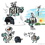  1girl 1other ambiguous_gender arknights attack bird chicken chinese_commentary commentary_request doctor_(arknights) feathers food gallus2_(arknights) hua_ren_nan nervous_sweating robot rooster sun sweat white_background 