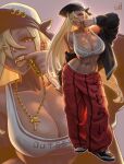  1girl abs absurdres b-kei baggy_pants bandana bare_shoulders black_bandana black_jacket blonde_hair breasts chain cleavage collarbone commentary commission earrings english_commentary evanleaves eyes_visible_through_hair finger_in_own_mouth fiona_(hpontiqtonicq) full_body gold_chain gold_earrings gold_teeth grey_background grills gyaru hair_over_one_eye highres huge_breasts jacket jacket_partially_removed jewelry letterman_jacket long_hair looking_at_viewer lowleg navel off_shoulder original pants red_pants sharp_teeth shoes signature sneakers solo sports_bra standing streetwear tan teeth white_sports_bra yellow_background zoom_layer 
