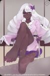  1girl absurdres barefoot blurry commentary dark-skinned_female dark_skin dress eyelashes feet foot_focus gloves hand_up hat highres jacinthe_(pokemon) long_hair long_sleeves nail_polish nekoyokai open_mouth pink_dress pokemon pokemon_legends:_z-a purple_eyes sitting soles solo steaming_body teeth tilted_headwear toenail_polish toenails toes upper_teeth_only white_gloves white_hair 