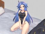  1girl arms_between_legs bikini black_bikini black_one-piece_swimsuit blue_eyes blue_hair blush breasts closed_mouth collarbone commentary commentary_request frilled_bikini frills full_body grey_background highres himemushi_momoyo indoors kneeling large_breasts long_hair looking_at_viewer mikotouca navel on_bed one-piece_swimsuit pillow solo swimsuit touhou variant_set 
