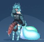  1girl absurdres ahoge blue_hair blush breasts choker closed_eyes commentary condom cum dragon_girl dragon_horns dragon_tail english_commentary english_text full_body futanari gigantic_penis gigantic_testicles hair_between_eyes heart highres hood hood_down hoodie horns limebreaker medium_breasts medium_hair open_mouth original oversized_clothes penis precum scales single_bare_shoulder single_sleeve_past_wrist sleepy solo standing striped_clothes striped_thighhighs sweat tail testicles thighhighs tongue used_condom 