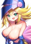  1girl areola_slip areolae bangs bare_shoulders blonde_hair blue_headwear blush breasts cleavage dark_magician_girl duel_monster eyebrows_visible_through_hair green_eyes hat highres kuromiya_(def_lp) large_breasts long_hair looking_at_viewer open_mouth pentagram shadow simple_background smile solo white_background wizard_hat yu-gi-oh! yu-gi-oh!_duel_monsters 