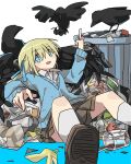  1girl banana_peel bird blonde_hair blue_eyes blue_sweater crow food hair_ribbon highres long_hair looking_at_viewer open_mouth original pleated_skirt ribbon school_uniform skirt smile socks solo sweater trash trash_bag trash_can white_socks yushimazaki 