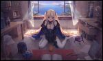  1girl absurdres alchemy bingwei_huang blonde_hair bookshelf bottle breasts cleavage cloud commentary desk hair_spread_out highres horizon looking_at_viewer masterwork_apocalypse sitting sky smile solo sophia_(masterwork_apocalypse) water window 