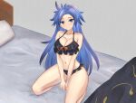  1girl arms_between_legs bikini black_bikini blue_eyes blue_hair blush breasts cleavage closed_mouth collarbone commentary commentary_request frilled_bikini frills full_body grey_background highres himemushi_momoyo indoors kneeling large_breasts long_hair looking_at_viewer mikotouca navel on_bed pillow solo swimsuit touhou variant_set 