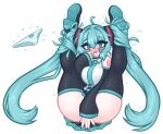  1girl @_@ ahoge ass blue_eyes blue_hair blush boots bound_ankles breasts choker commentary detached_sleeves english_commentary fang folded full_body hair_between_eyes hair_bondage hatsune_miku high_heel_boots high_heels highres limebreaker looking_at_viewer medium_breasts miniskirt necktie open_mouth panties simple_background skirt solo striped_clothes striped_panties sweat thighhighs tongue trembling twintails underwear vocaloid white_background 