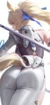  1girl absurdres animal_ears ass backboob black_leotard blonde_hair blue_eyes breasts chinese_commentary closed_mouth commentary_request far_side from_behind grey_pants highres holding holding_polearm holding_weapon horse_ears horse_girl horse_tail large_breasts leotard long_hair looking_at_viewer looking_back md5_mismatch mole mole_on_breast pants polearm ponytail sigrid_de_l'azur simple_background solo tail weapon white_background zenless_zone_zero 