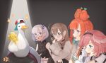  5girls anger_vein animal_on_head animalization bird bird_on_head blue_eyes braid brown_eyes brown_hair cheering commentary duck english_commentary gaijin_4koma_(meme) glasses highres holding holding_trophy hololive hololive_english hololive_indonesia holotori kotori_(takanashi_kiara) meme multiple_girls nanashi_mumei nanashi_mumei_(casual) on_head one_eye_closed oozora_subaru orange_hair pavolia_reine pavolia_reine_(indonesian_casual) pink_hair profile purple_eyes senotori sitting smile subaru_duck takanashi_kiara takanashi_kiara_(dirndl) takane_lui takane_lui_(1st_costume) trophy virtual_youtuber 