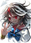  1girl black_hair blue_bow blue_bowtie bow bowtie dress grey_horns grin highres horns kijin_seija long_hair multicolored_hair red_eyes red_streaks small_horns smile solo streaked_hair suna_(s73d) touhou upper_body w white_dress white_streaks 