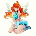  1girl alasxegalei aqua_boots aqua_eyes aqua_nails aqua_shirt aqua_skirt aqua_wings arm_warmers bloom_(winx_club) blue_arm_warmers boots closed_mouth crop_top english_commentary fairy_wings gold_tiara highres long_hair magical_girl mini_tiara orange_hair pink_lips shirt sitting skirt smile solo tiara transparent_wings wings winx_club 