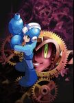  2boys android ariga_hitoshi arm_cannon armor blue_armor blue_helmet clone closed_mouth commentary_request copy_robot_(mega_man) evil_smile green_eyes hand_on_own_arm hand_up helmet highres looking_at_viewer looking_to_the_side male_focus mega_man_(character) mega_man_(classic) mega_man_(series) mega_man_megamix multiple_boys official_art parted_lips shadow smile standing weapon 