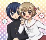  1boy 1girl :d ben-day_dots black_jacket blue_eyes blue_hair blush brown_eyes brown_hair buttons chest_ribbon chestnut_mouth commentary_request crossdressing crossdressing_(ftm) crossdressing_(mtf) dotted_background gakuran gradient_background hair_between_eyes hair_bobbles hair_ornament hairclip hand_up heart high_side_ponytail jacket komeko5 long_sleeves looking_at_viewer mako-chan_(minami-ke) makoto_(minami-ke) minami-ke minami_touma open_mouth parallel_hairclips red_skirt red_trim reverse_trap ribbon sailor_collar school_uniform screentones short_hair short_side_ponytail side-by-side side_ponytail sidelocks skirt smile spoken_heart spoken_sweatdrop sweatdrop swept_bangs teeth trap upper_teeth_only v-shaped_eyebrows w white_ribbon white_sailor_collar 