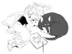  1girl animal bare_shoulders beret choker closed_eyes commentary_request dede_(qwea_00000) dobermann dog final_fantasy final_fantasy_vi greyscale hat interceptor_(ff6) korean_commentary monochrome paintbrush pants puffy_pants relm_arrowny shirt simple_background sketchbook sleeping speech_bubble spoken_zzz strago_magus strapless strapless_shirt white_background zzz 